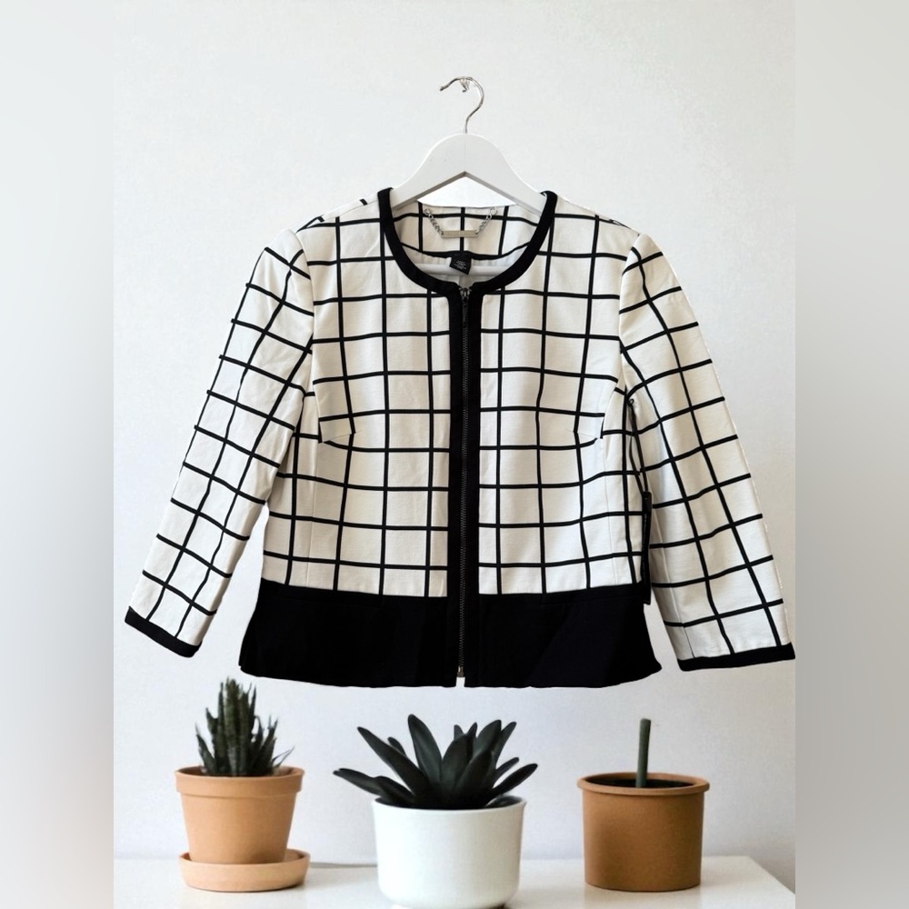 White House Black Market Black/White Plaid Stretch Ponte Knit Zip Jacket Sz 8